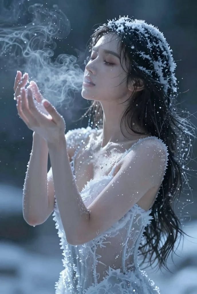 A beautiful woman with long black hair, adorned with frost, exhales a cloud of steam in a cold, dreamy outdoor setting.