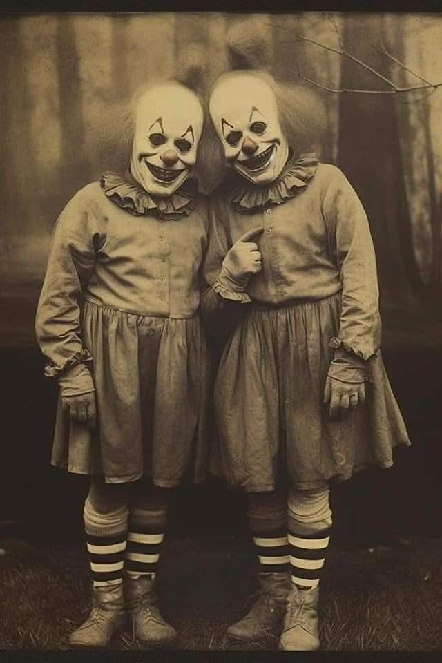 Two creepy clowns in vintage clothing and striped socks stand side-by-side, one pointing at the other.