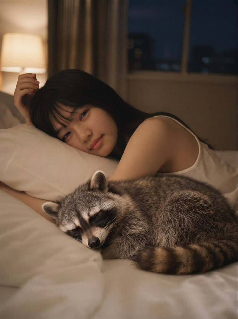 A young woman with long black hair lies in bed with a sleeping raccoon.