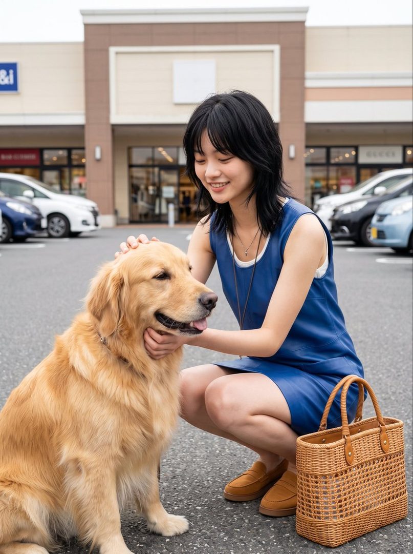 A young woman with black hair kneels beside a golden retriever dog in a parking lot, petting its head.