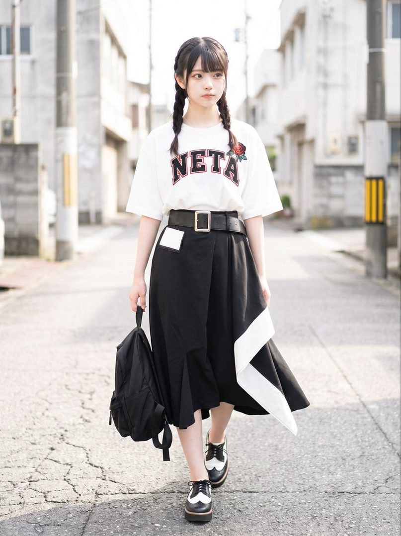 A young woman with braided hair and bangs, wearing a white t-shirt and a black skirt, walks down a street carrying a backpack.