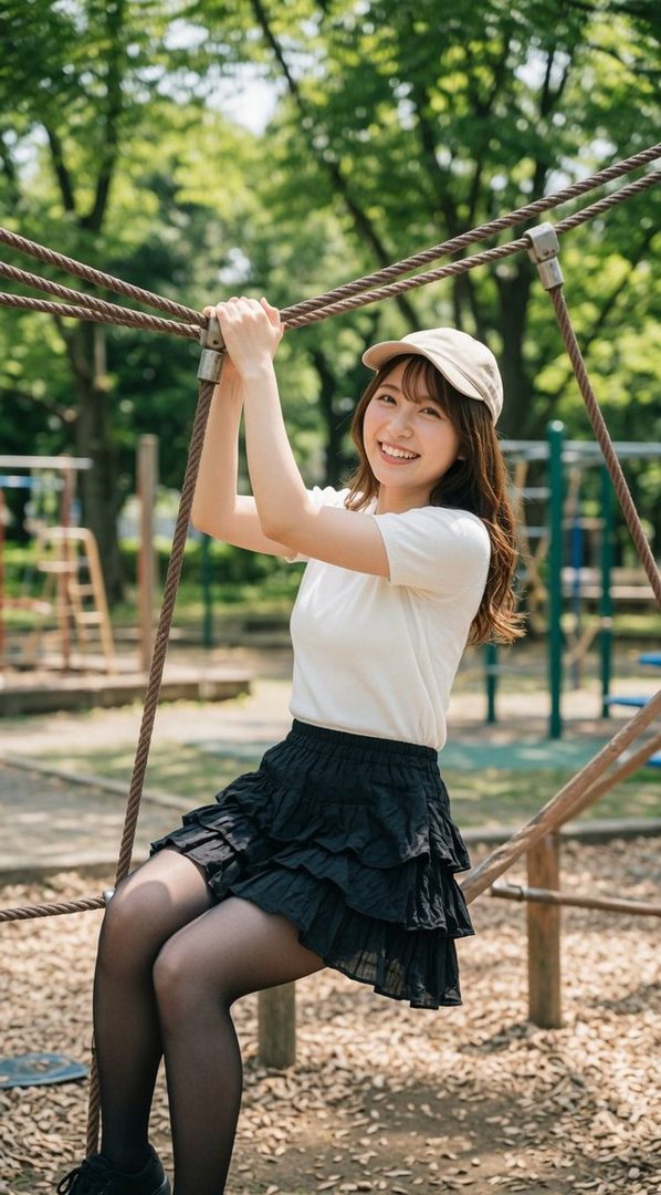 A young Japanese woman with long brown hair, wearing a white t-shirt, black ruffled skirt, and a beige cap, smiles while holding onto ropes on a playground.