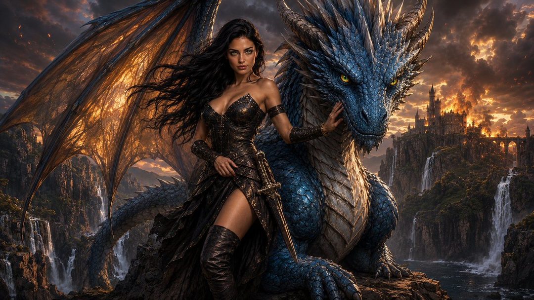 A woman in a dark, revealing outfit stands next to a large blue dragon in a dramatic fantasy landscape with a castle in the background.