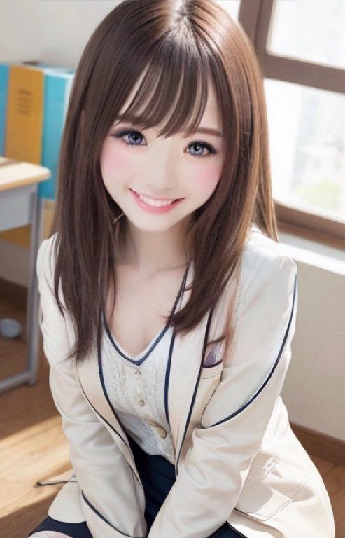 A young woman with long brown hair and bangs, wearing a white blazer over a white top, smiles sweetly in a classroom setting.