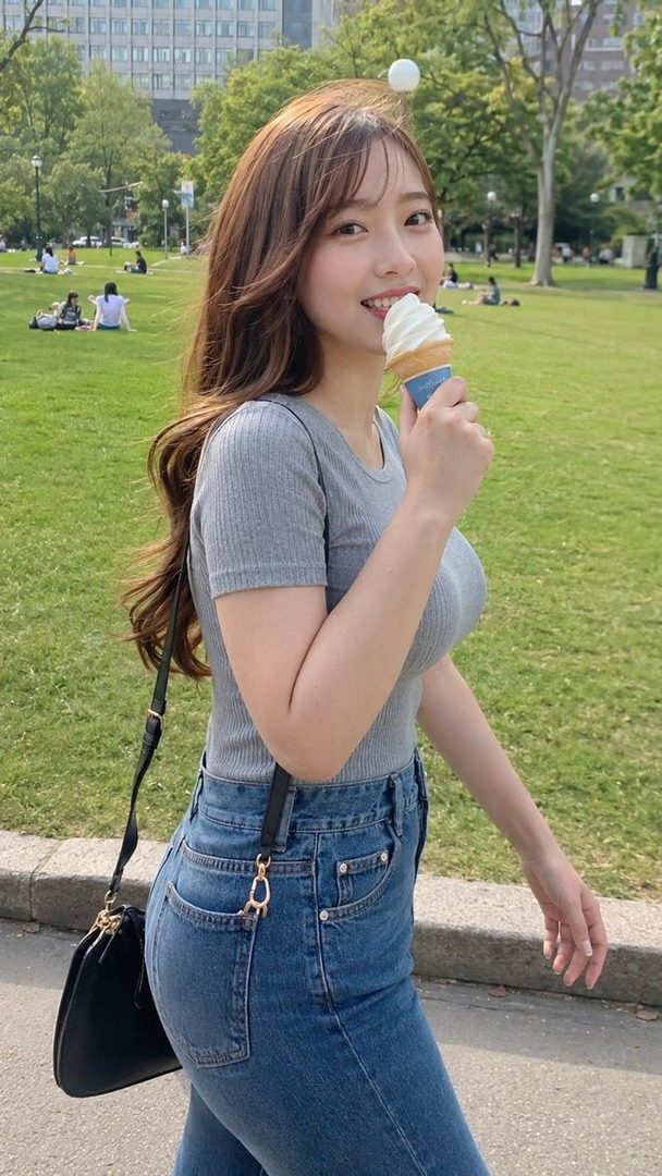 A young woman with long brown hair enjoys an ice cream cone while walking in a park on a sunny day.