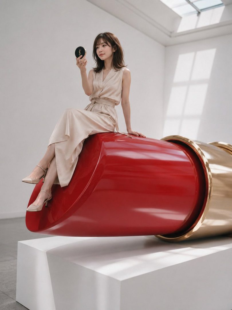 A young woman with brown hair sits on a giant lipstick sculpture, holding a compact mirror.