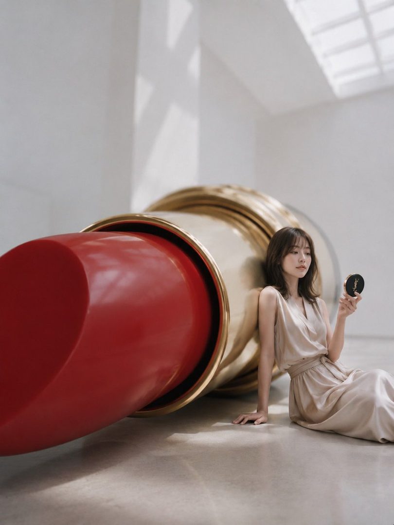 A young woman in a light-colored dress sits next to a giant lipstick in a minimalist indoor setting, holding a compact mirror.
