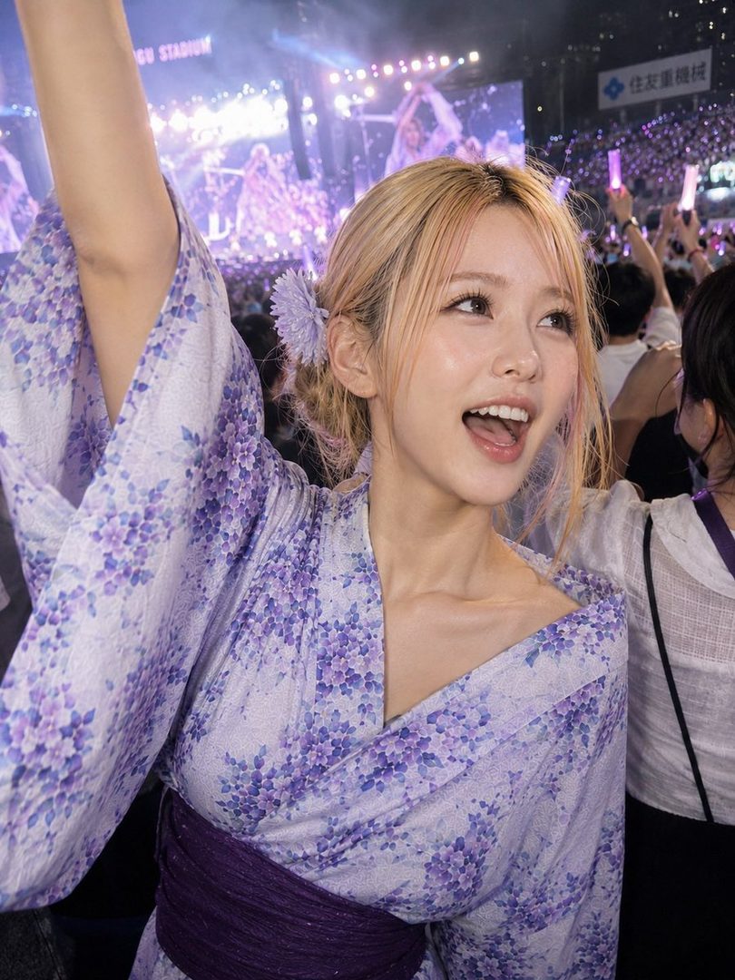 A young woman with blonde hair tied up with a flower accessory, wearing a purple floral yukata, smiles brightly at an outdoor concert or festival.