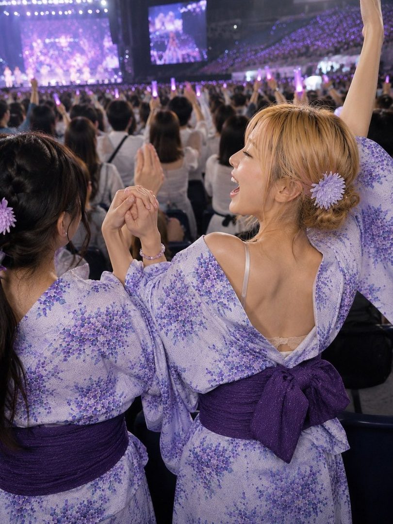 Two young women in matching purple floral yukatas with purple obi sashes, attending an outdoor concert or festival, with a large stage and crowd visible in the background.