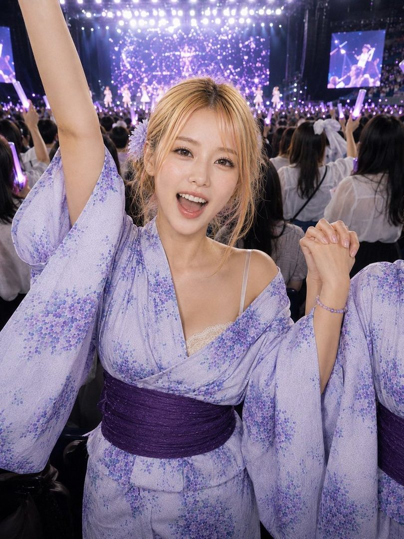 A young woman with blonde hair, wearing a purple floral yukata and a purple obi, smiles brightly with her arm raised at an outdoor concert or festival.