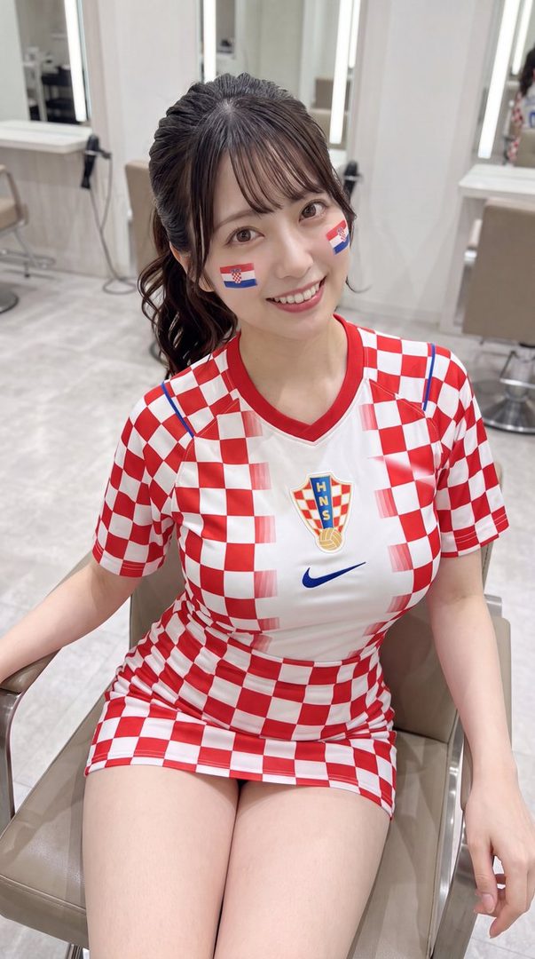 A young woman with Croatian flag face paint smiles, wearing a Croatian soccer jersey and a matching skirt.