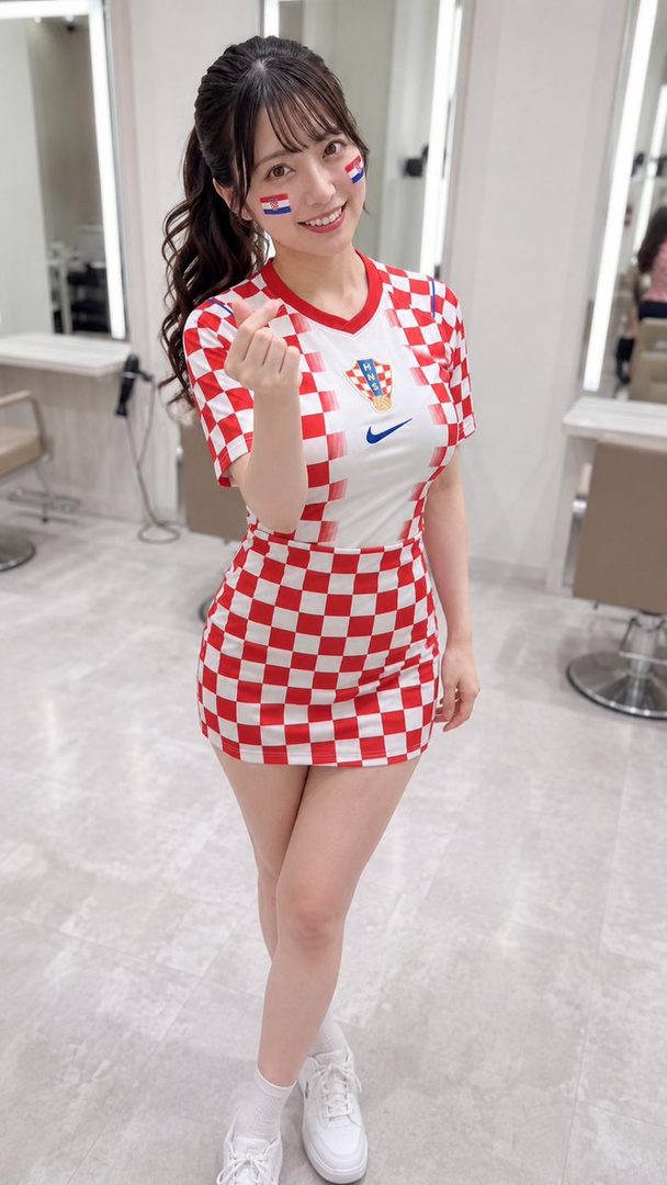 A young woman with dark hair in a ponytail, wearing a Croatian flag-themed jersey and skirt, with face paint, poses indoors.