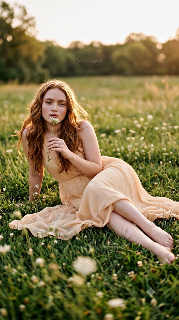 A young woman with long red hair sits in a grassy meadow at golden hour, holding a white flower and wearing a flowing peach dress.