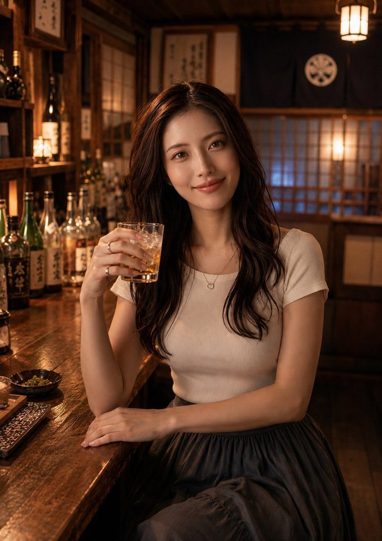 A beautiful East Asian woman with long, wavy brown hair sits at a bar, holding a glass of amber liquid and smiling.