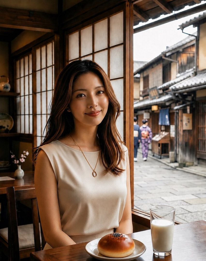 A young East Asian woman with long brown hair smiles gently while sitting indoors at a table with a pastry and a glass of milk, with a traditional Japanese street scene visible through the window.