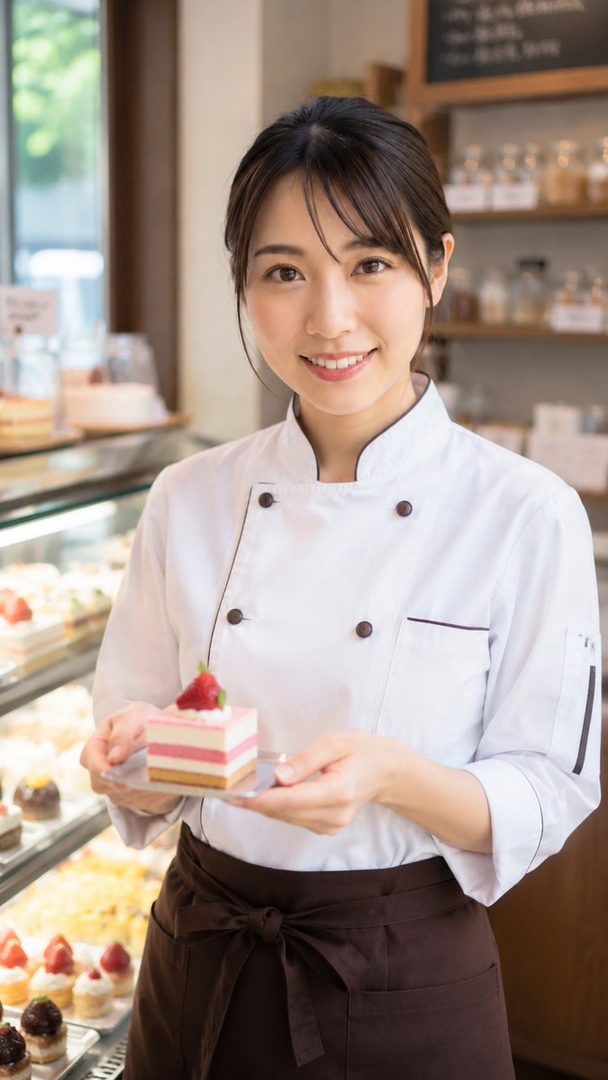 A young East Asian woman, a patissier, smiles gently while holding a slice of strawberry cake in a bakery.