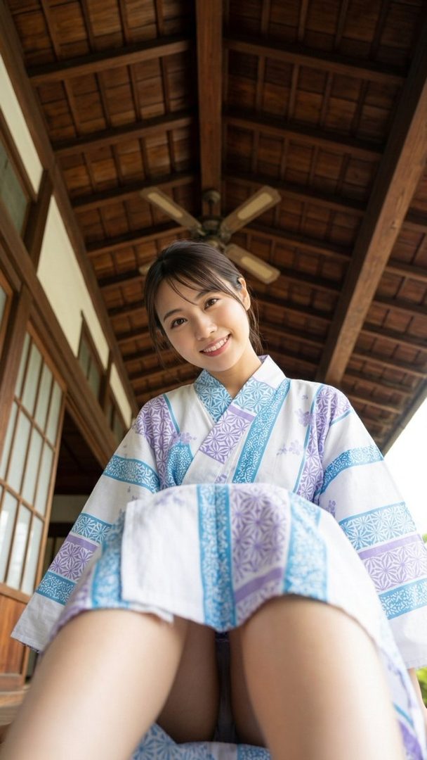 A young Japanese woman in a yukata smiles at the camera, with her legs visible.