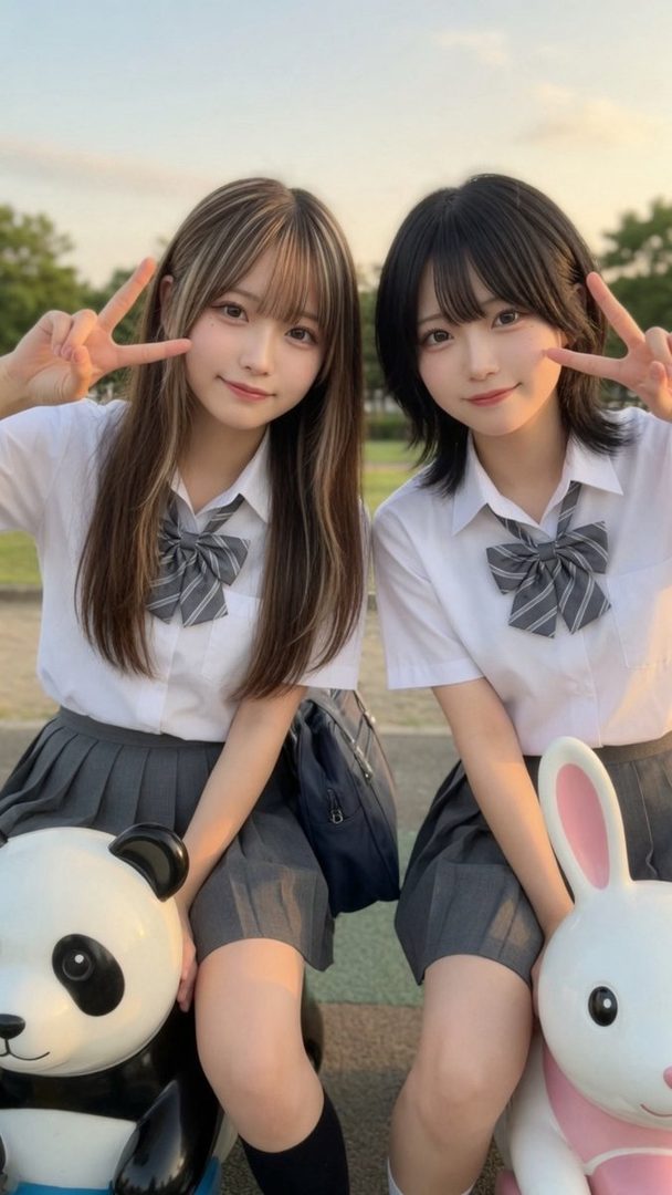 Two young East Asian women in school uniforms posing with peace signs outdoors.