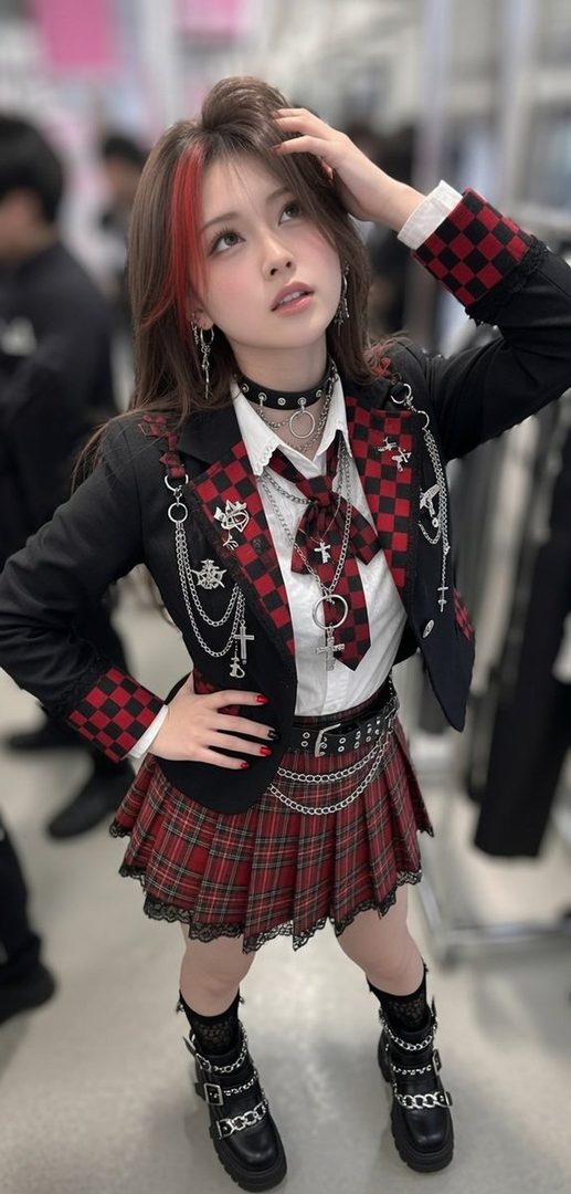 A young woman with brown hair and red highlights poses indoors, wearing a black and red checkered jacket, a plaid skirt, and chain-adorned boots.