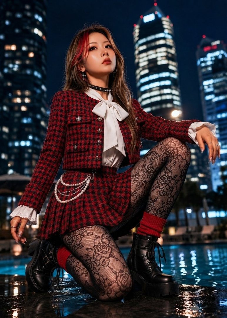 A young woman with red-streaked hair poses at night in a city, wearing a red plaid skirt and jacket set with a white blouse and black lace stockings.