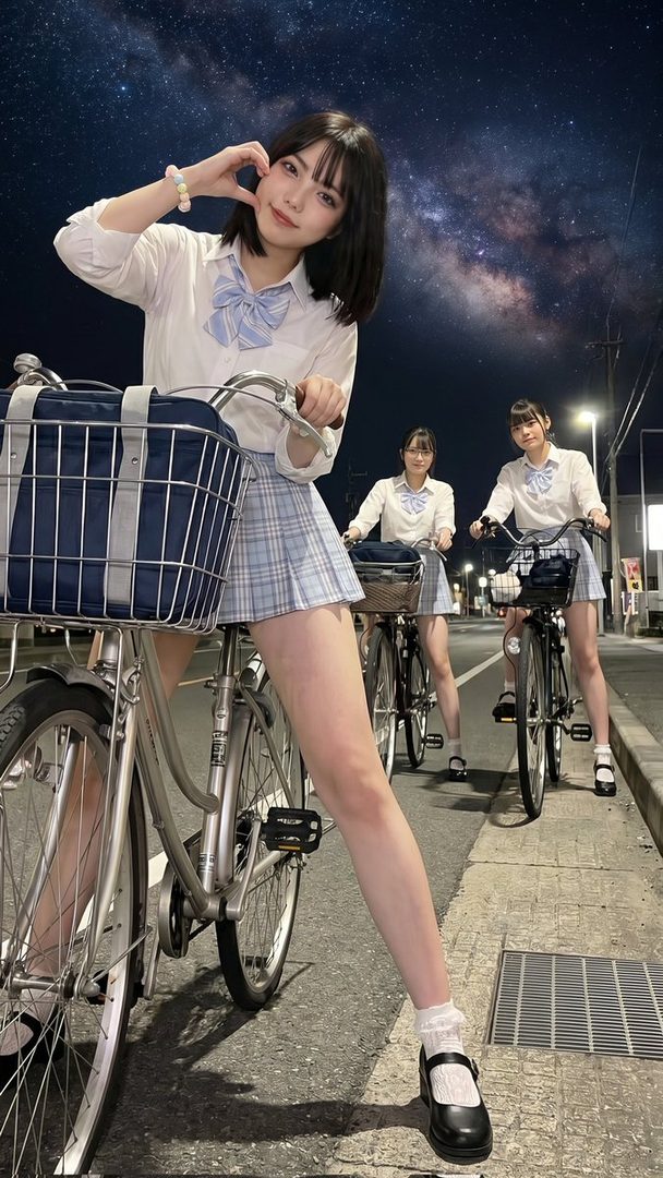 Three young women in school uniforms riding bicycles at night under a starry sky.