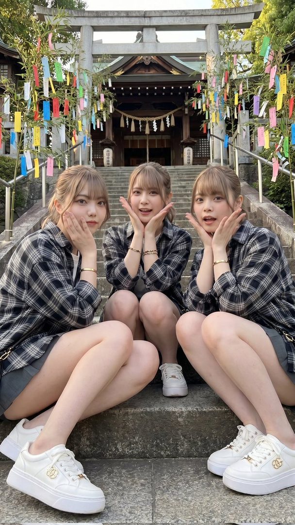 Three young Japanese women in plaid shirts and shorts posing on steps in front of a shrine decorated with Tanabata streamers.