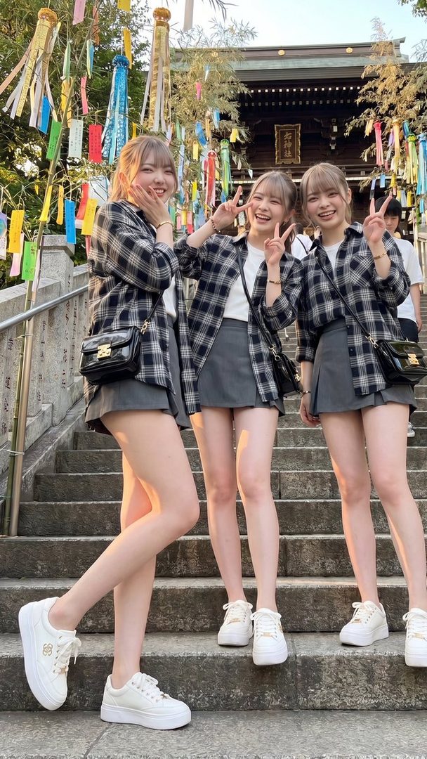 Three young Japanese women in matching plaid shirts and grey skirts pose on temple stairs during a Tanabata festival.