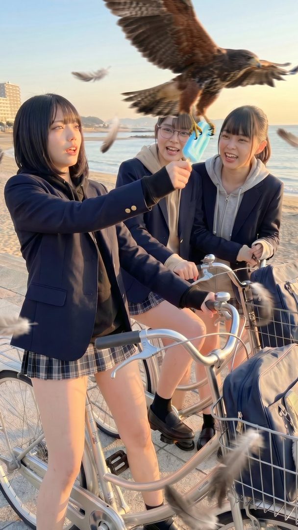 Three young women in school uniforms on bicycles at the beach, with a hawk flying overhead.
