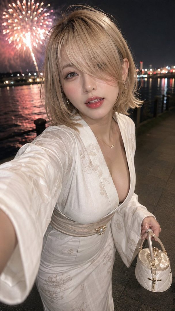 A young woman with blonde hair wearing a white kimono poses for a selfie with fireworks in the background.