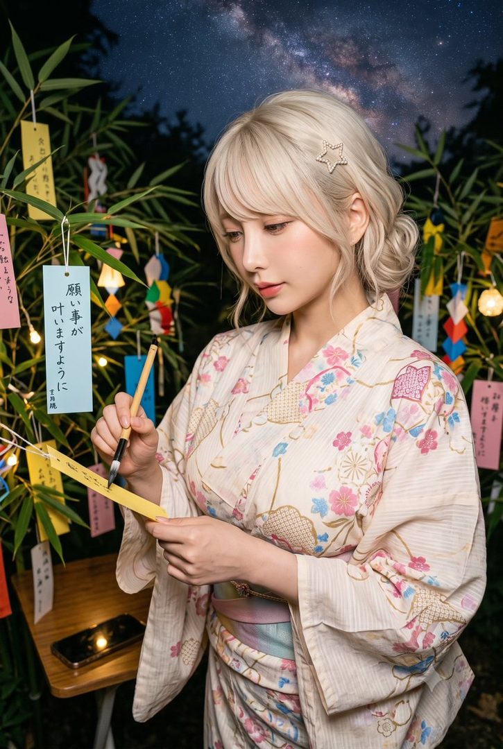A young woman with blonde hair tied up, wearing a floral yukata, writes a wish on a yellow tanzaku paper under a starry night sky with bamboo and lanterns.