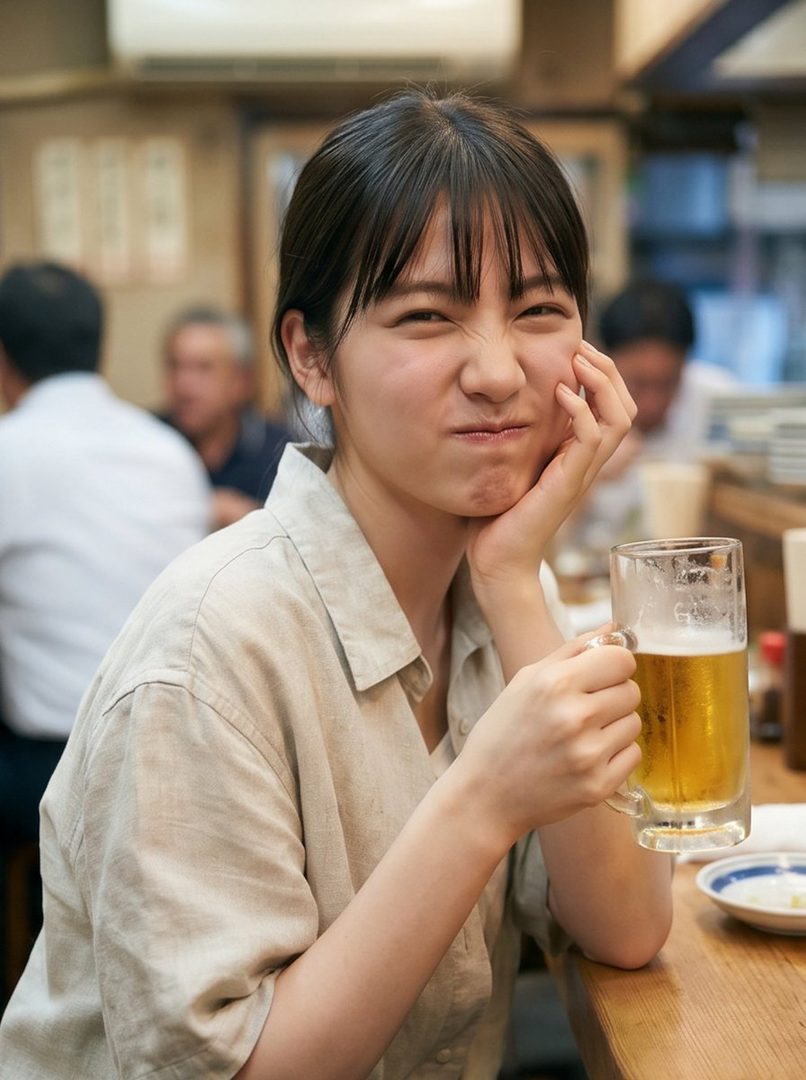 A young East Asian woman with dark hair and bangs makes a playful, grumpy face while holding a mug of beer in a dimly lit establishment.