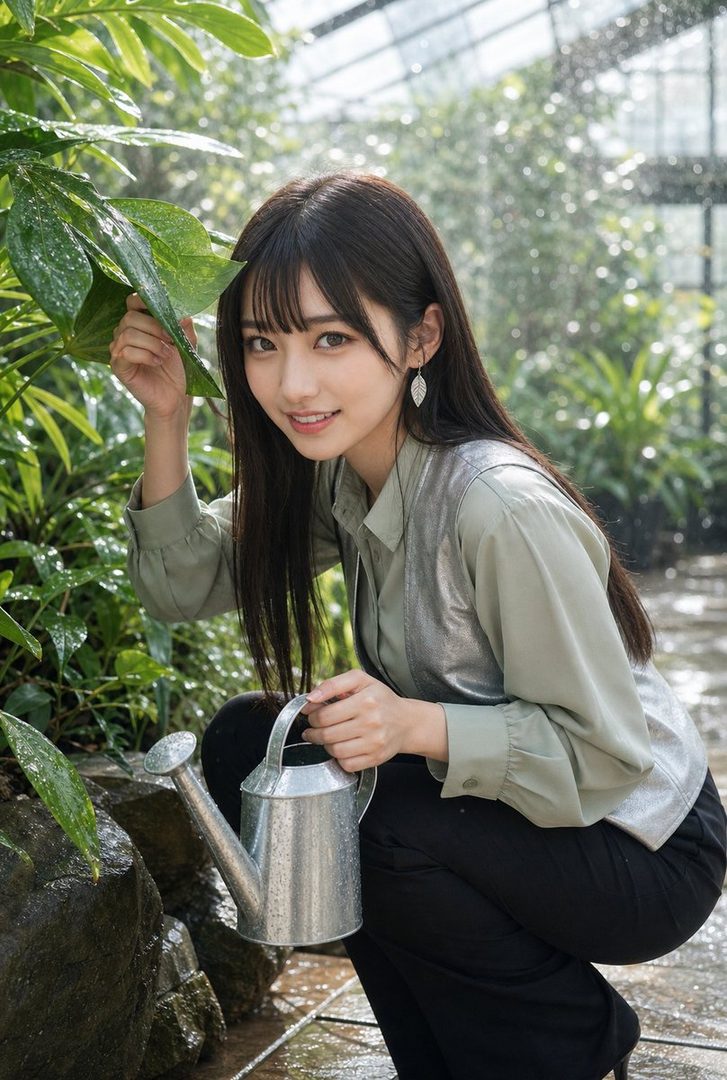A young woman with long black hair and bangs, wearing a light green shirt and a silver vest, crouches in a greenhouse holding a watering can and tending to plants.