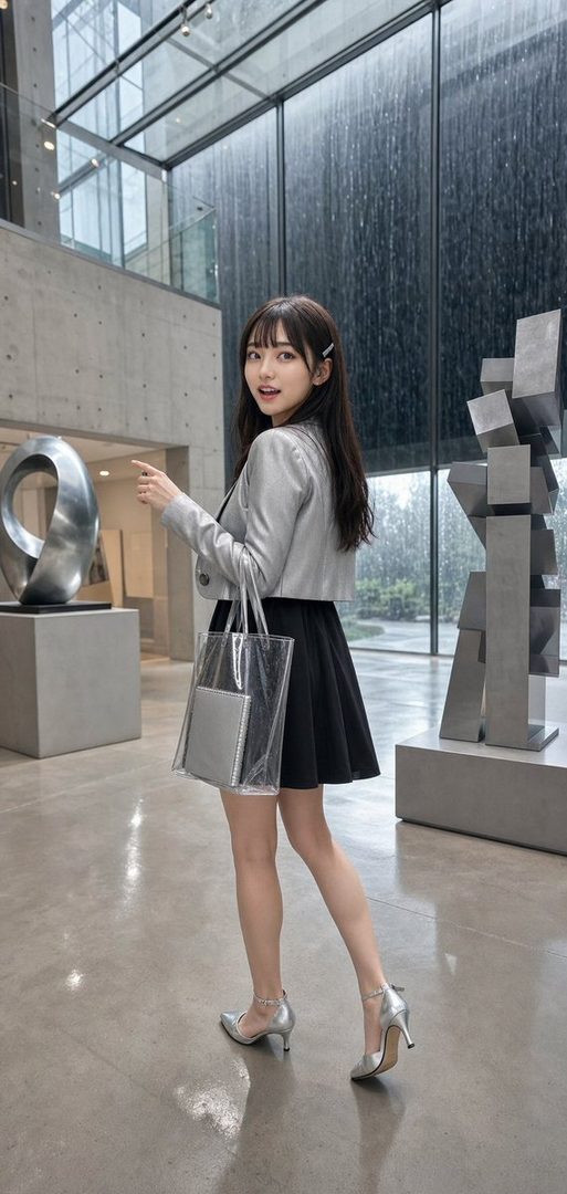 A young woman with long brown hair and bangs, wearing a silver jacket and black skirt, stands in a modern indoor space with large windows and abstract sculptures.