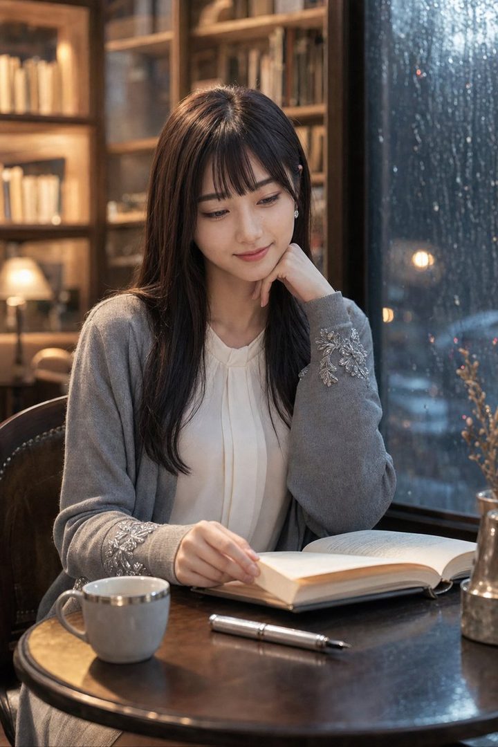 A young East Asian woman with long dark hair and bangs, wearing a grey cardigan over a white blouse, sits at a table in a library-like setting, reading a book by a window with rain streaks.