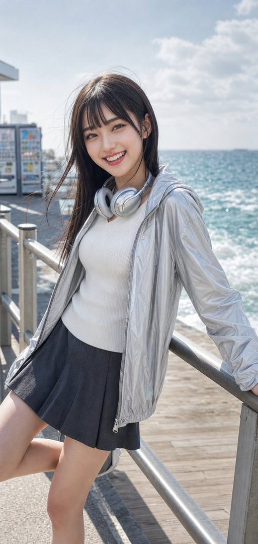 A smiling East Asian woman with long black hair and bangs, wearing a silver jacket and dark skirt, poses by the ocean on a sunny day.