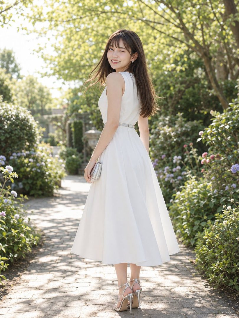 A young woman in a white dress winks at the camera while walking on a garden path.
