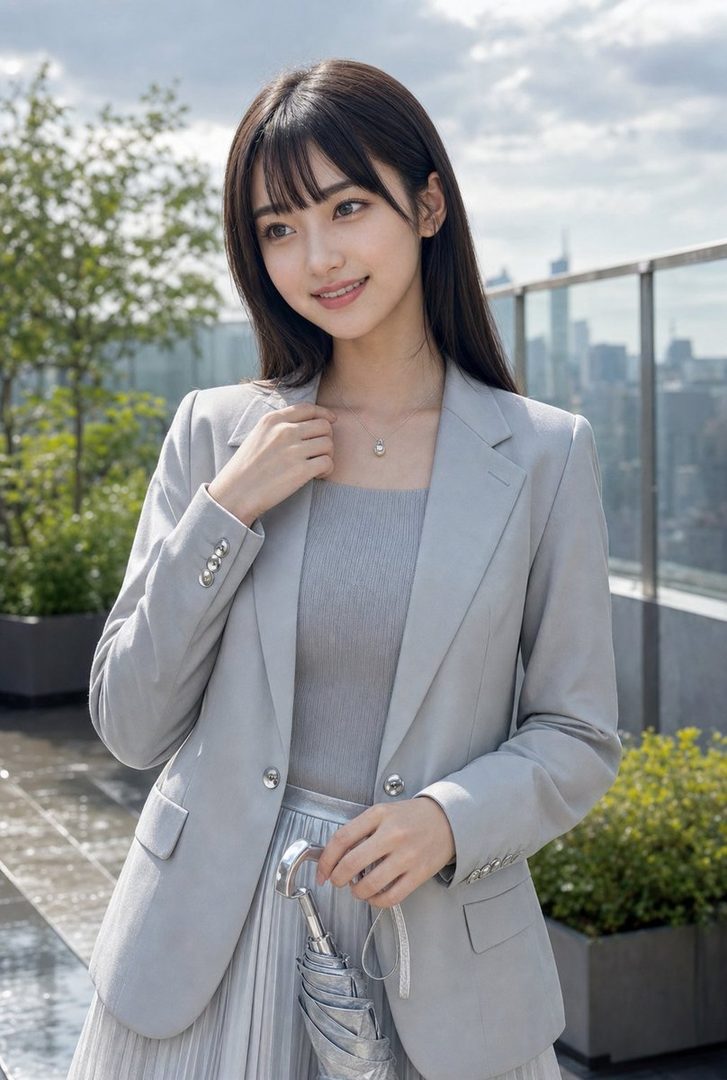 A young East Asian woman with long black hair and bangs, wearing a light grey blazer and a silver pleated skirt, smiles gently while holding a silver umbrella. She is outdoors with a city skyline in the background.