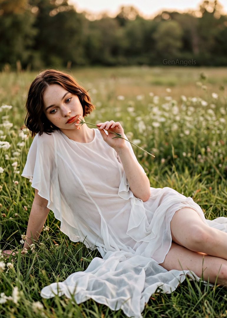A young woman with short brown hair sits in a field of wildflowers at golden hour, holding a flower and wearing a flowing white dress.
