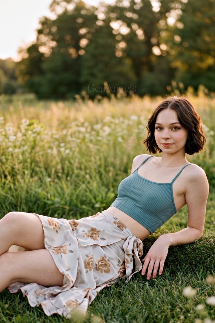 A young woman with short brown hair, wearing a teal crop top and a floral skirt, lies in a grassy field during golden hour.