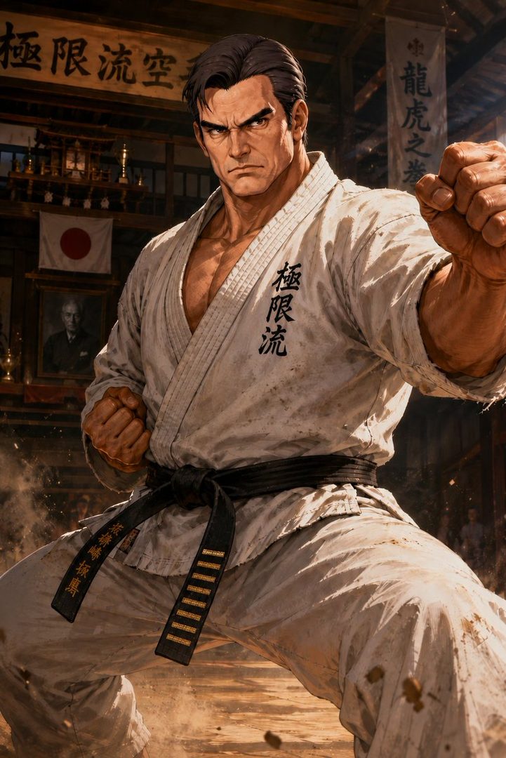 A muscular man in a white karate gi with a black belt, striking a powerful pose in a dojo.