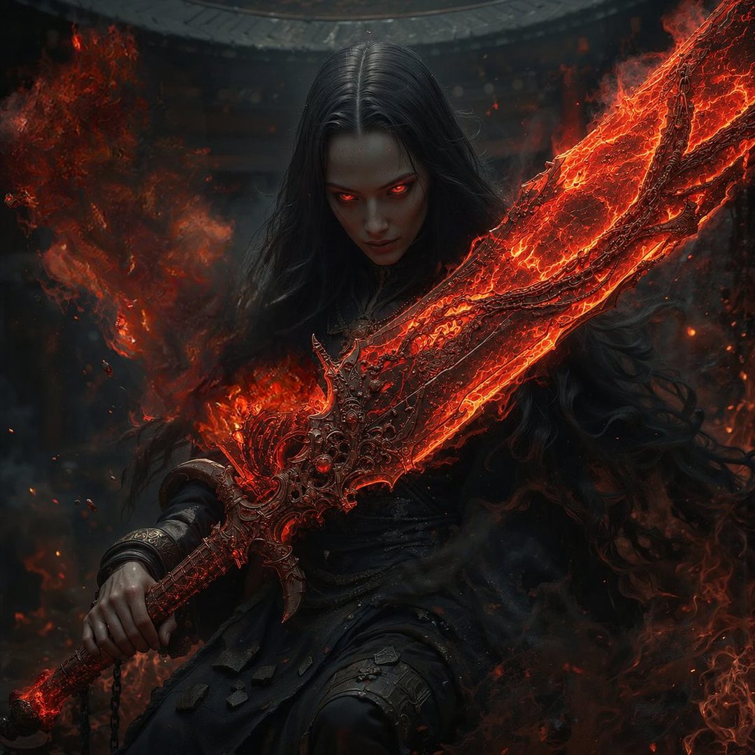 A dark fantasy portrait of a woman with long black hair and glowing red eyes, holding a fiery, ornate sword. She is surrounded by smoke and embers, exuding a powerful and menacing aura.