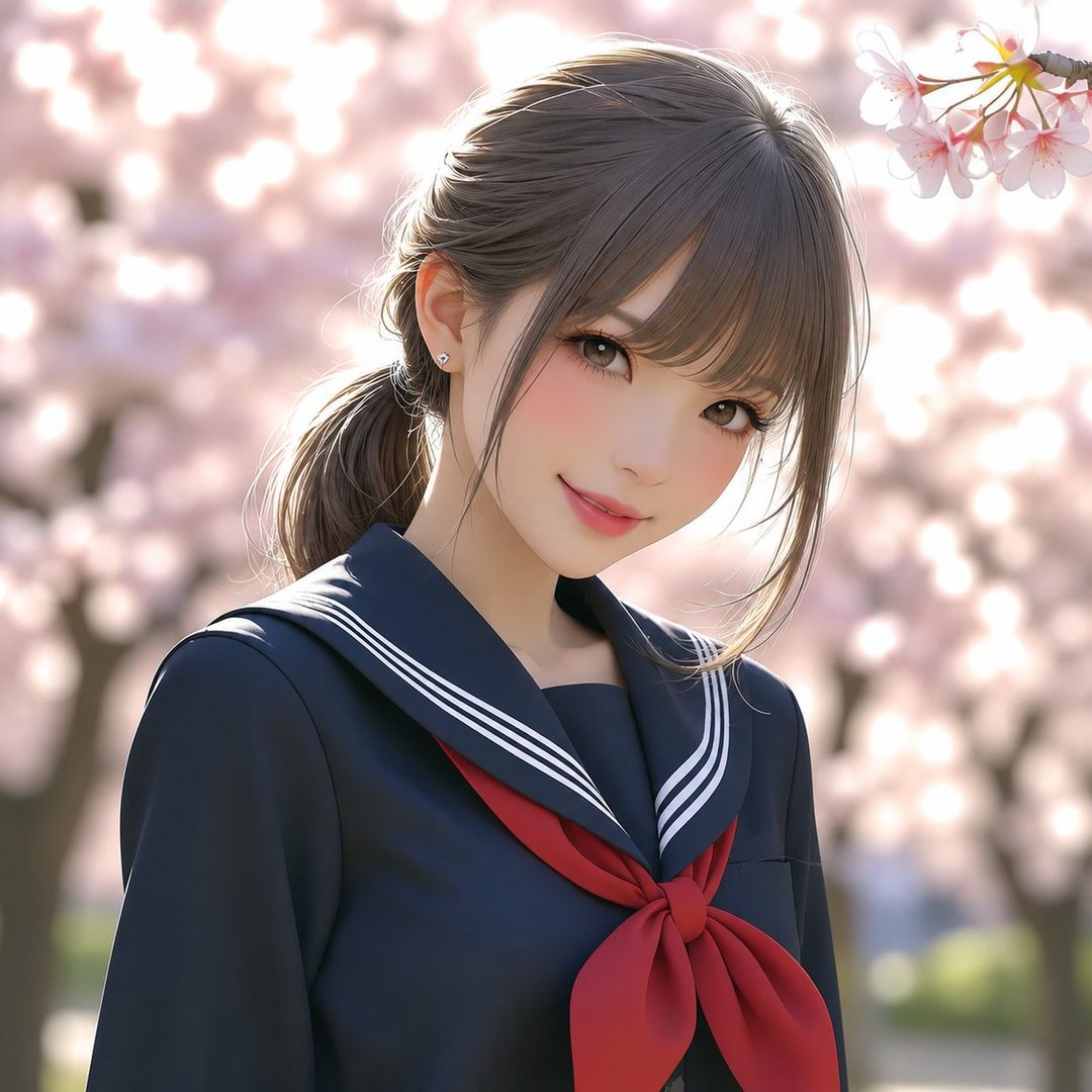A young woman with brown hair in a ponytail, wearing a Japanese school uniform with a red bow, smiles gently outdoors with cherry blossoms in the background.