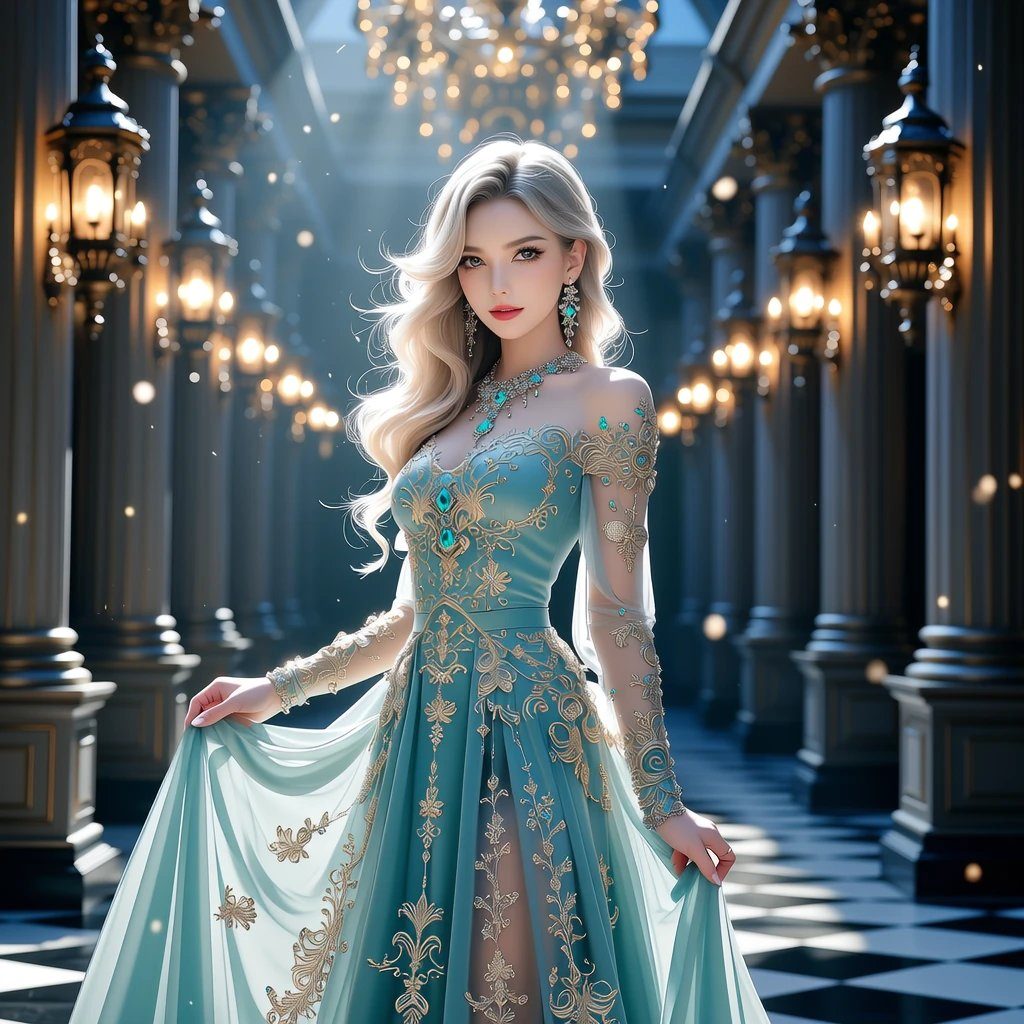 A beautiful woman with long blonde hair, wearing an elegant teal and gold gown, posing in a grand hall with ornate columns and chandeliers.