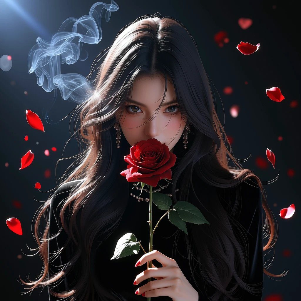 A beautiful AI-generated portrait of a young woman with long, dark hair holding a red rose in front of her face, with smoke and rose petals in the background.