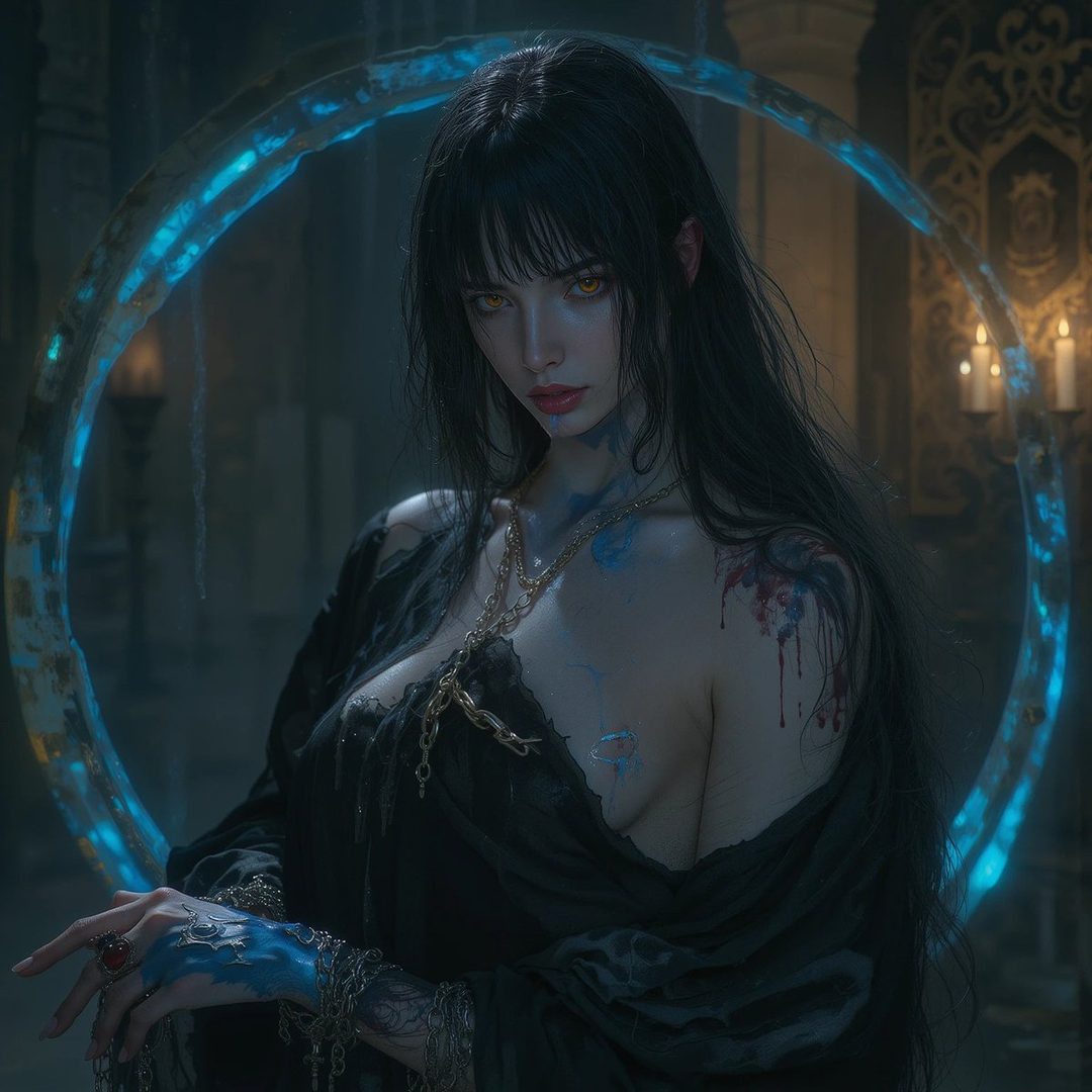 A dark fantasy portrait of a woman with long black hair, yellow eyes, and intricate blue markings on her skin, wearing a black dress and gold chains, standing in front of a glowing blue portal.