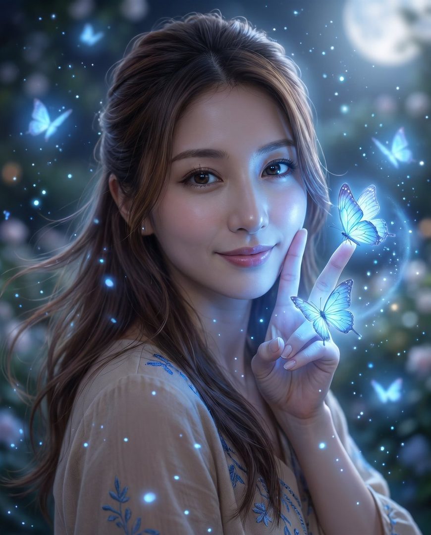 A beautiful young woman with long brown hair smiles gently, with blue butterflies and glowing particles around her.