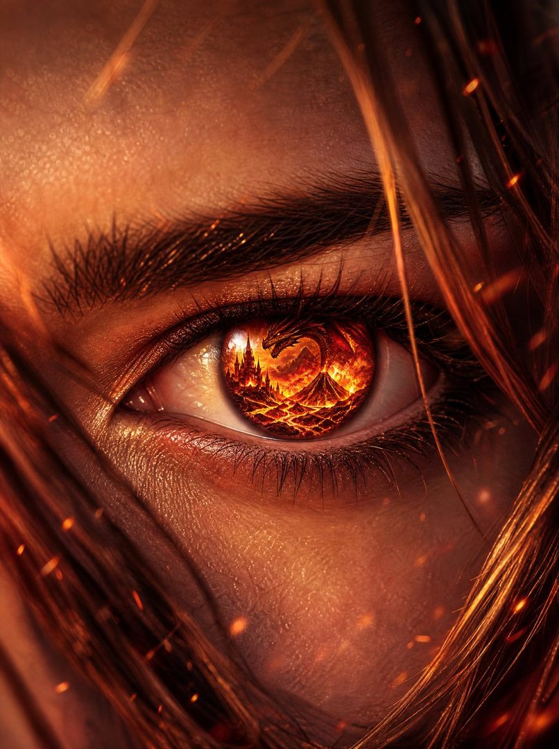 Close-up of a human eye reflecting a fantasy landscape with a dragon and a castle in a fiery, volcanic environment.