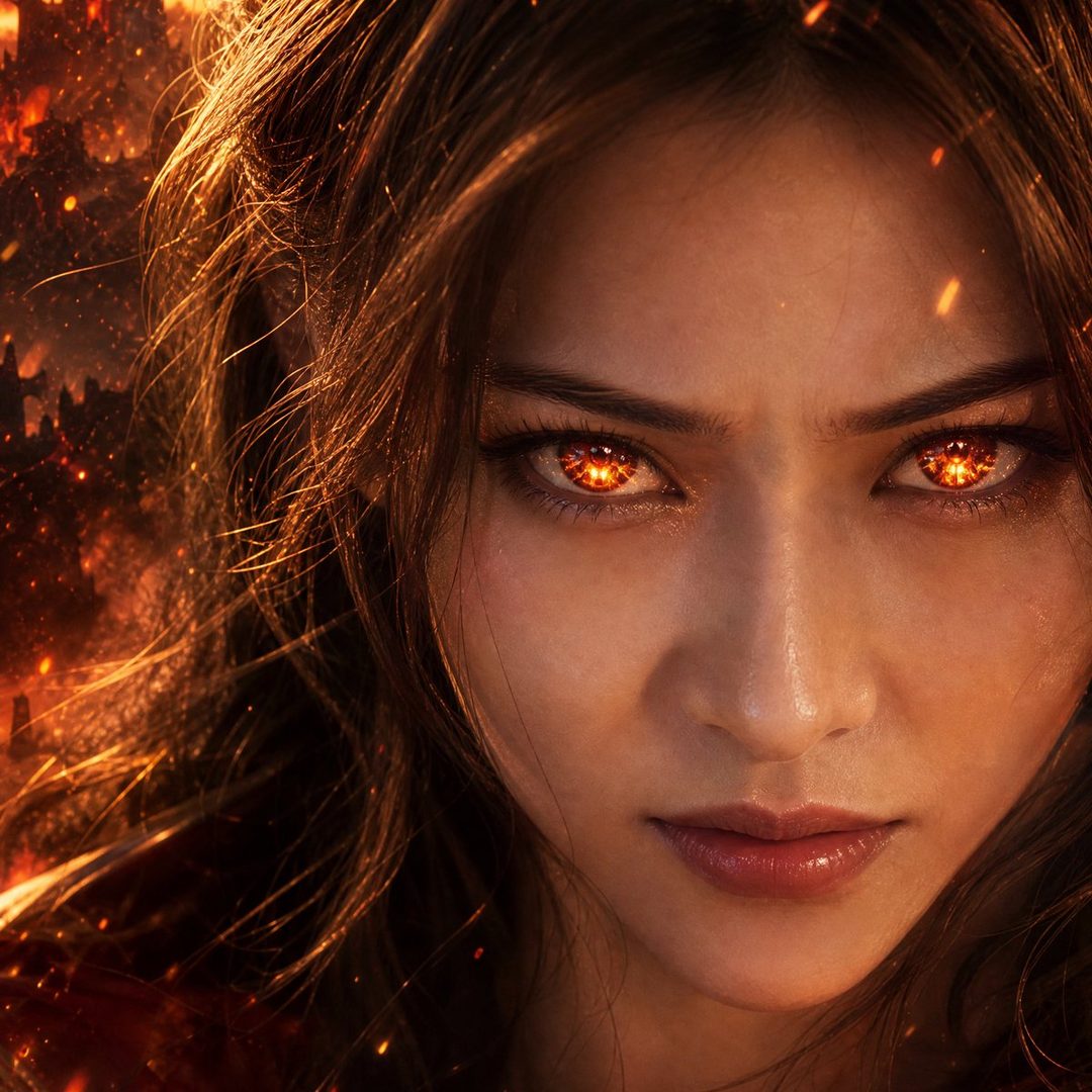 Close-up portrait of a woman with fiery, glowing eyes and long brown hair, set against a dramatic, fiery background.