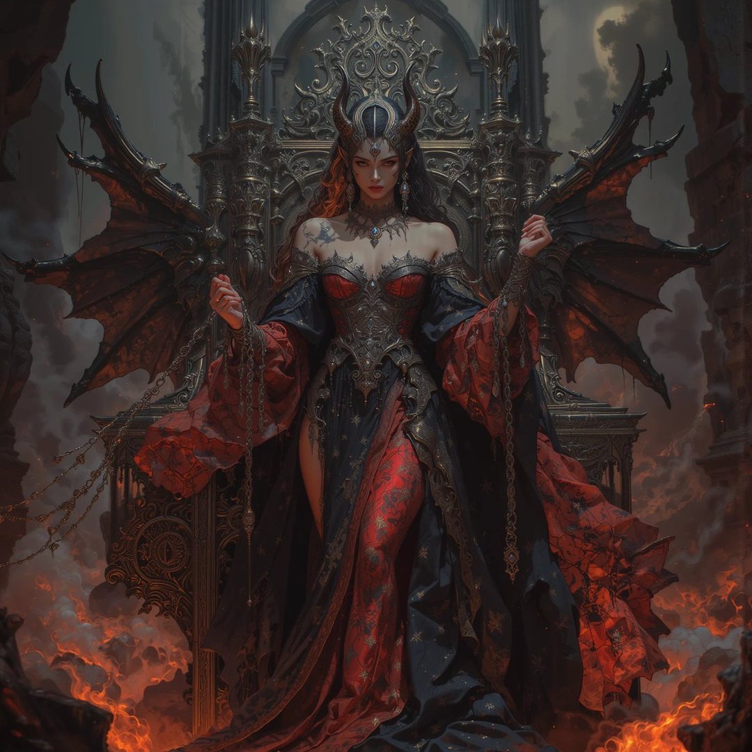 A demonic queen with bat wings sits on a throne, adorned in a red and black gothic dress, surrounded by fire and chains.