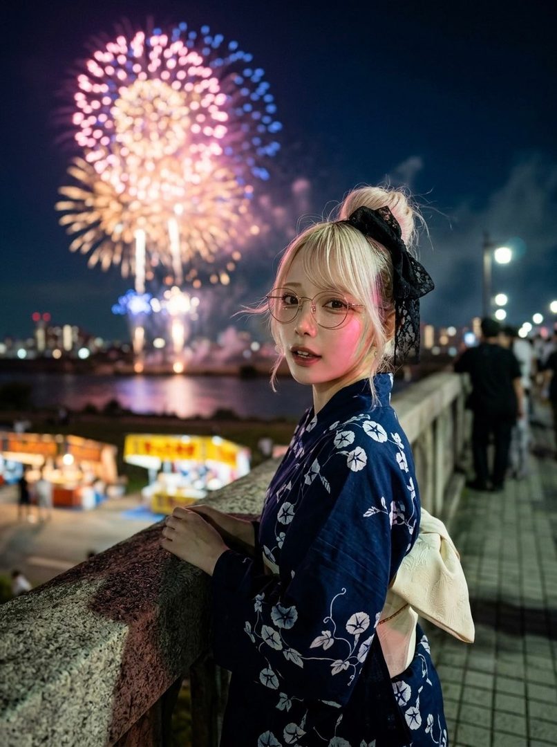 A young woman with blonde hair tied up in a bun, wearing glasses and a blue yukata with white floral patterns, stands on a bridge at night, with fireworks and a city skyline in the background.